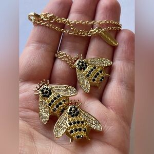 Rare Halcyon Days Bee Pendant Necklace and Clip-on Earrings Set